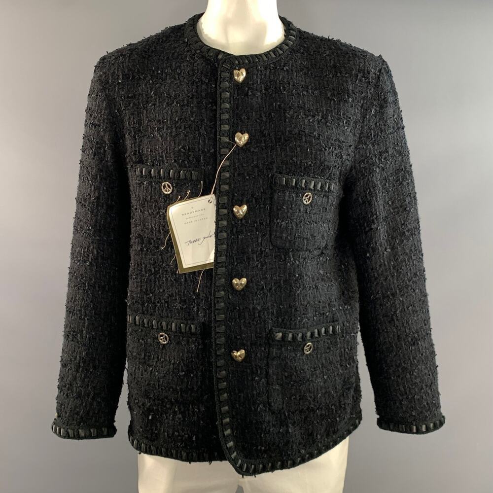 READYMADE Size L Black Tweed Cotton Polyester Collarless Jacket